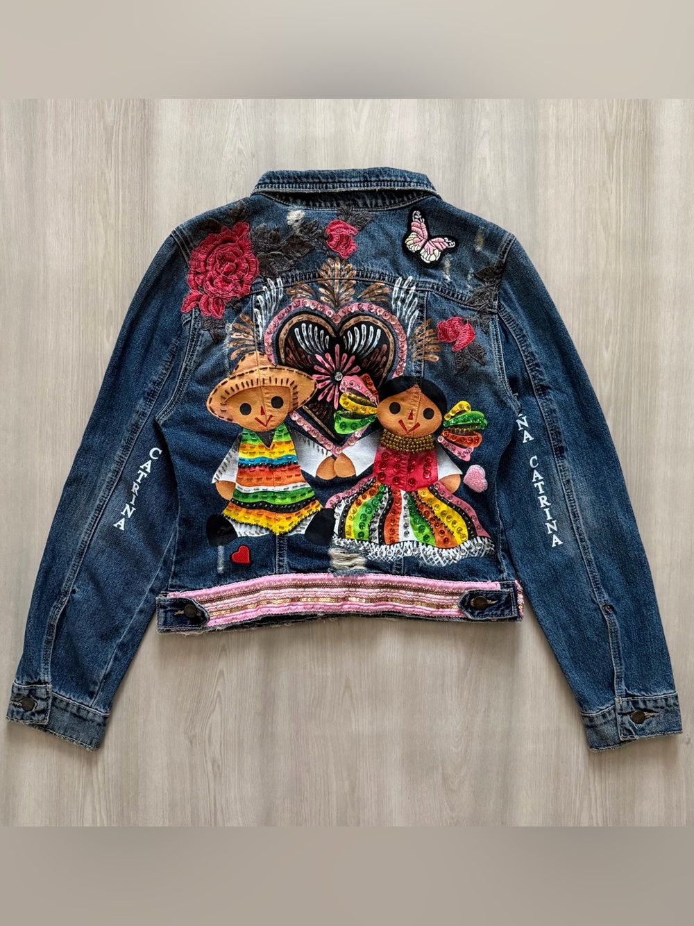 Sindashi Fina Catrina Hand Painted Denim Jacket Mexican Doll Sz L Mexican Art